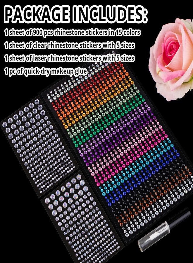 BELLEBOOST 1294 Pcs Rhinestone Stickers 3-8mm Clear+Laser+Colorful Self Adhesive Face Gems Stick on Body Crystal Jewels with Makeup Glue for Face Eye Hair Nails Make up and Craf Decorations - Image 2